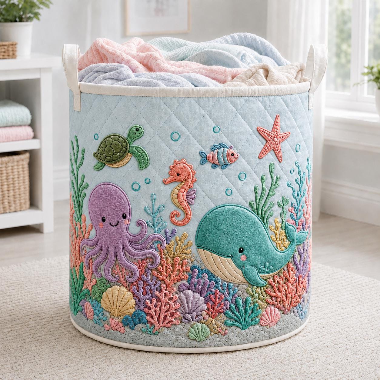 Ocean Animal Laundry Basket with Quilt Style Sea Life Hamper, Whale Octopus Nursery Storage Bin, Kids Organizer, and Baby Gift
