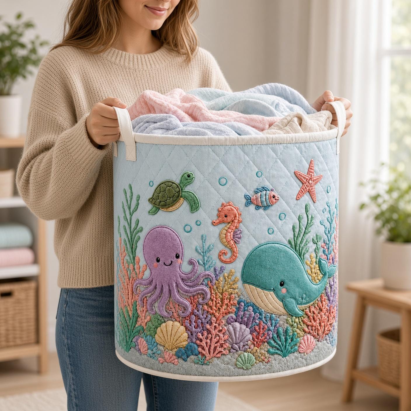 Ocean Animal Laundry Basket with Quilt Style Sea Life Hamper, Whale Octopus Nursery Storage Bin, Kids Organizer, and Baby Gift - photo 2