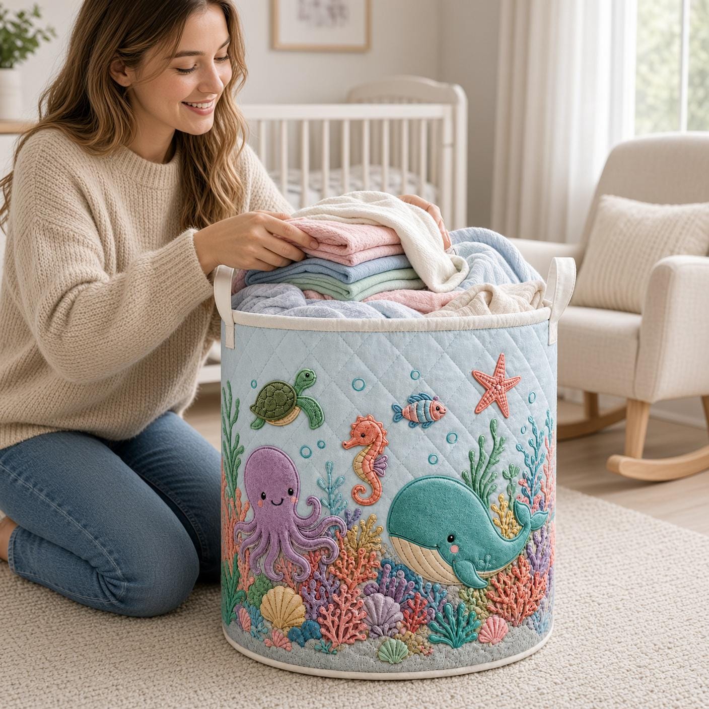 Ocean Animal Laundry Basket with Quilt Style Sea Life Hamper, Whale Octopus Nursery Storage Bin, Kids Organizer, and Baby Gift - photo 4