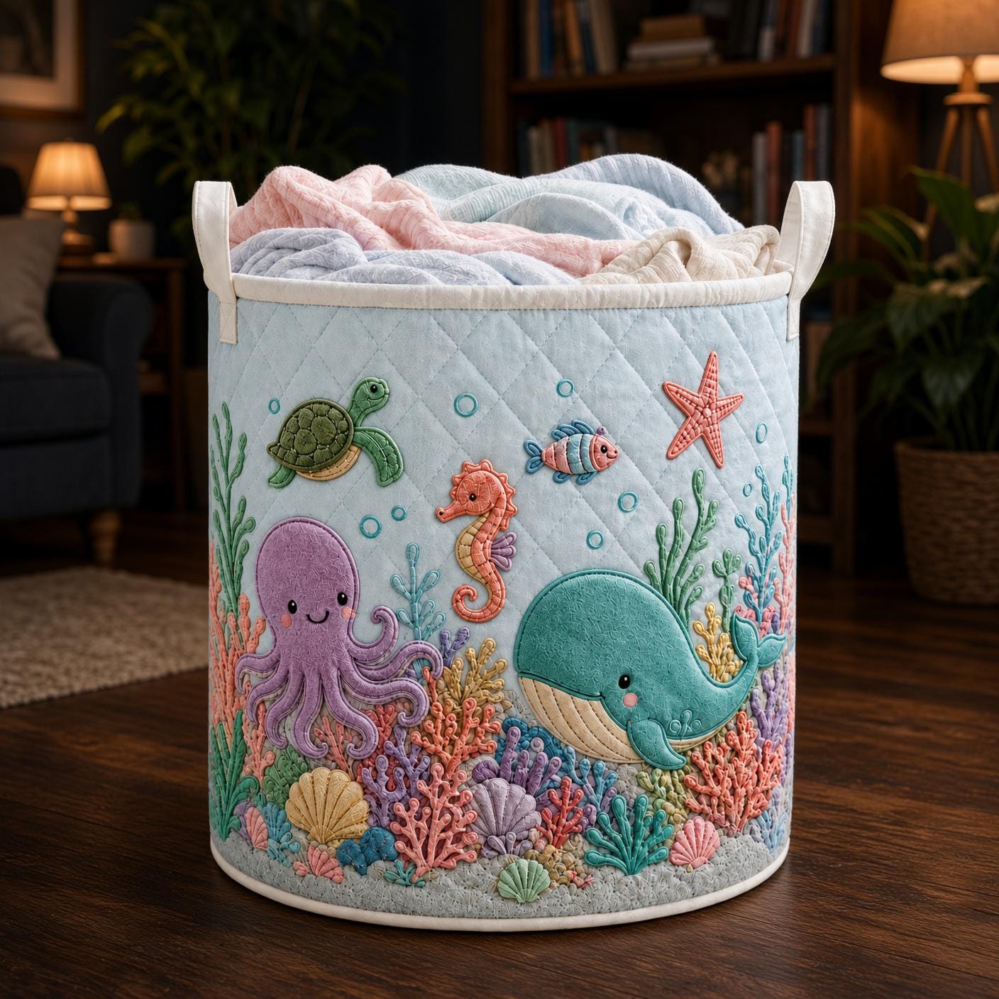 Ocean Animal Laundry Basket with Quilt Style Sea Life Hamper, Whale Octopus Nursery Storage Bin, Kids Organizer, and Baby Gift - photo 5