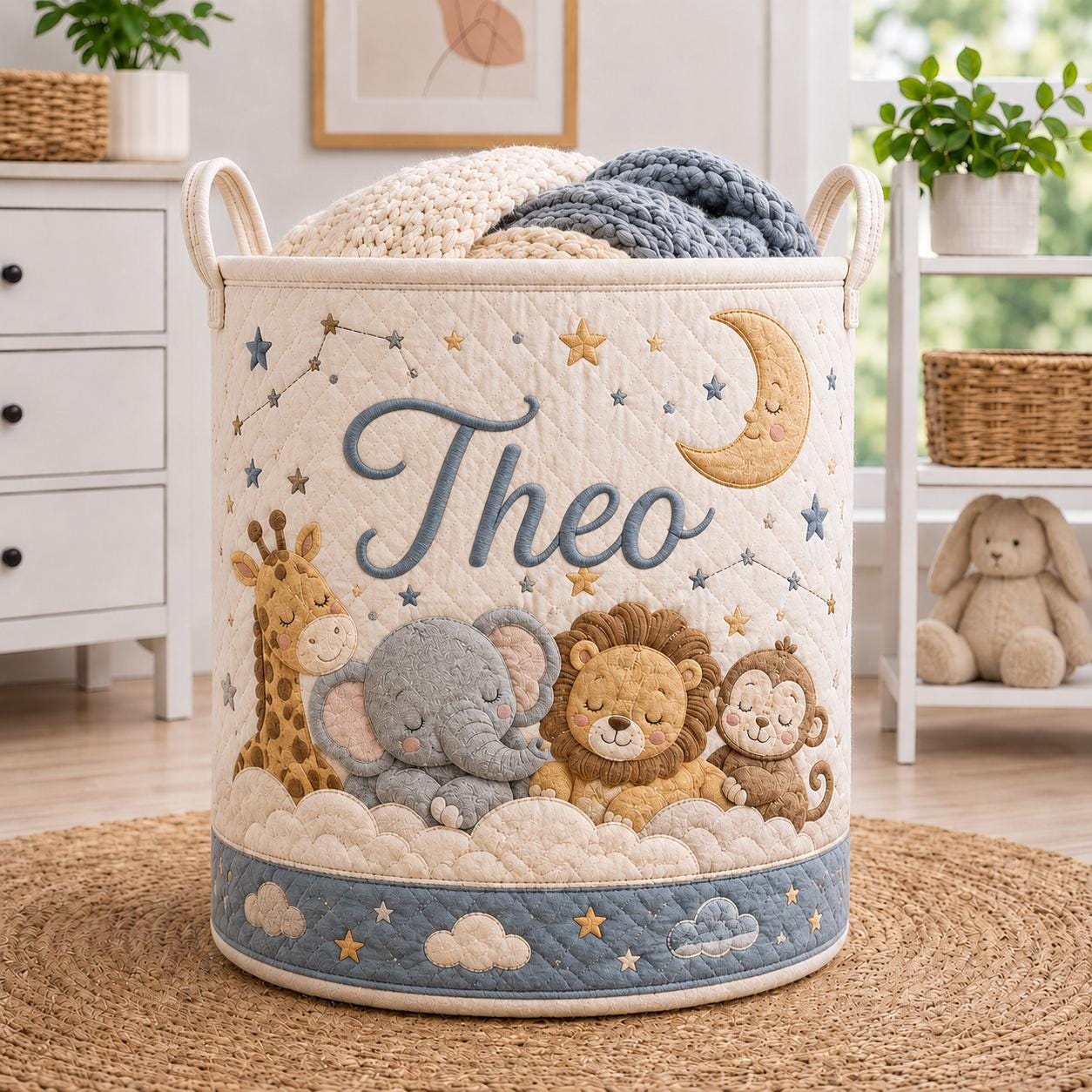 Personalized Safari Laundry Basket with Quilt Style Nursery Hamper and Name, Animal Storage Bin, Baby Organizer, and Custom Baby Gift