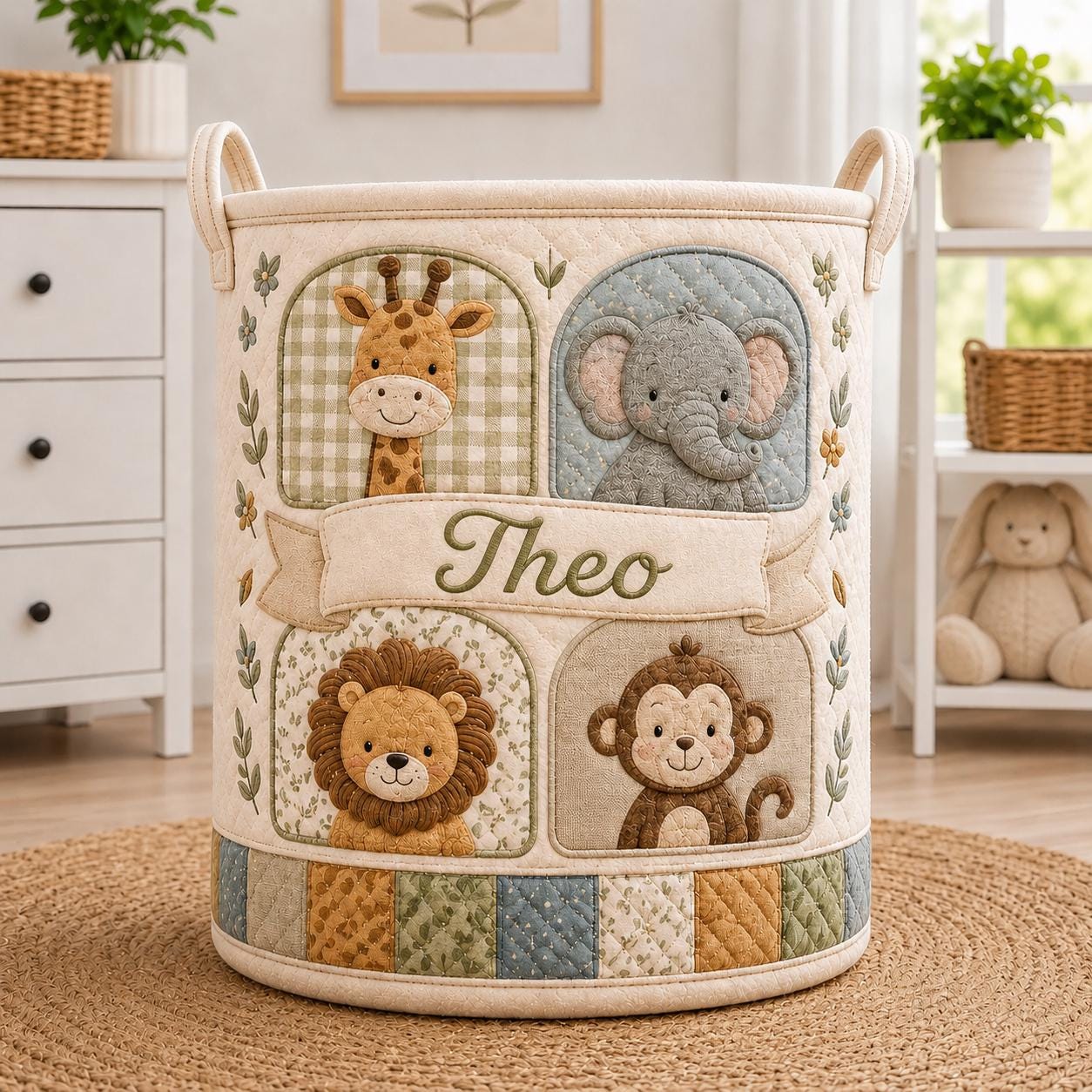 Personalized Safari Laundry Basket with Quilt Style Nursery Hamper and Name, Animal Storage Bin, Baby Organizer, and Custom Baby Gift - photo 2