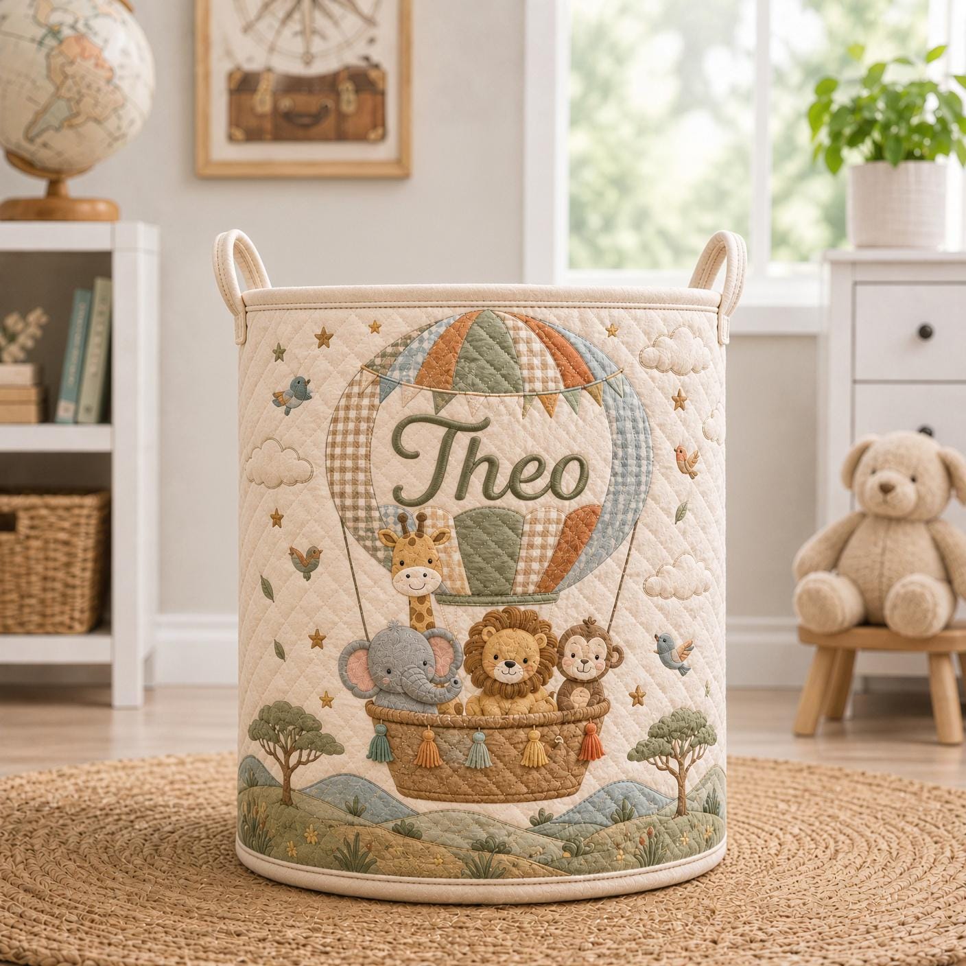 Personalized Safari Laundry Basket with Quilt Style Nursery Hamper and Name, Animal Storage Bin, Baby Organizer, and Custom Baby Gift - photo 3