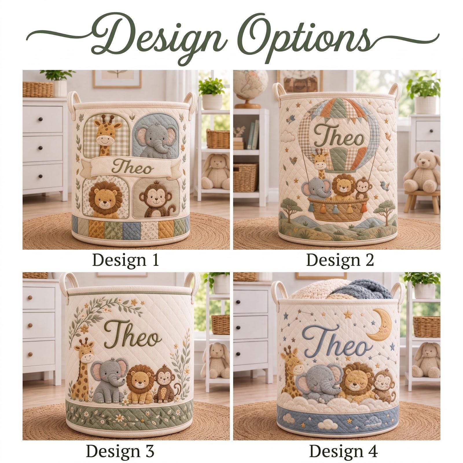 Personalized Safari Laundry Basket with Quilt Style Nursery Hamper and Name, Animal Storage Bin, Baby Organizer, and Custom Baby Gift - photo 4