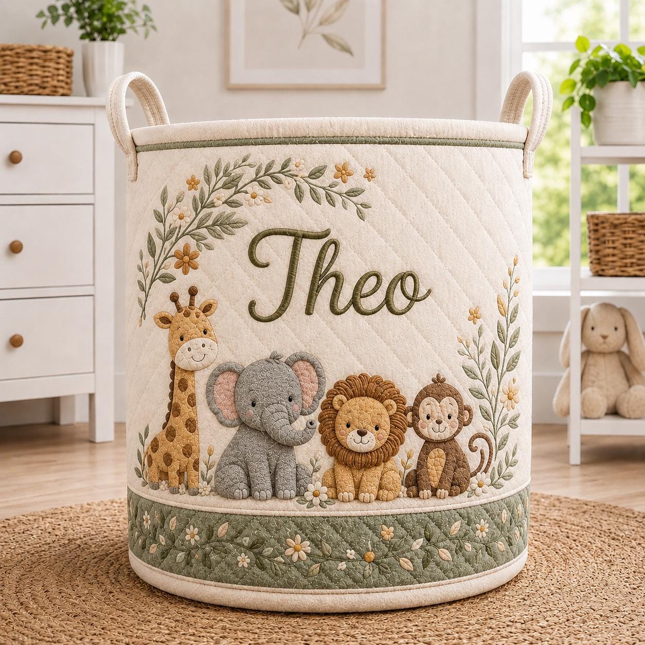 Personalized Safari Laundry Basket with Quilt Style Nursery Hamper and Name, Animal Storage Bin, Baby Organizer, and Custom Baby Gift - photo 6
