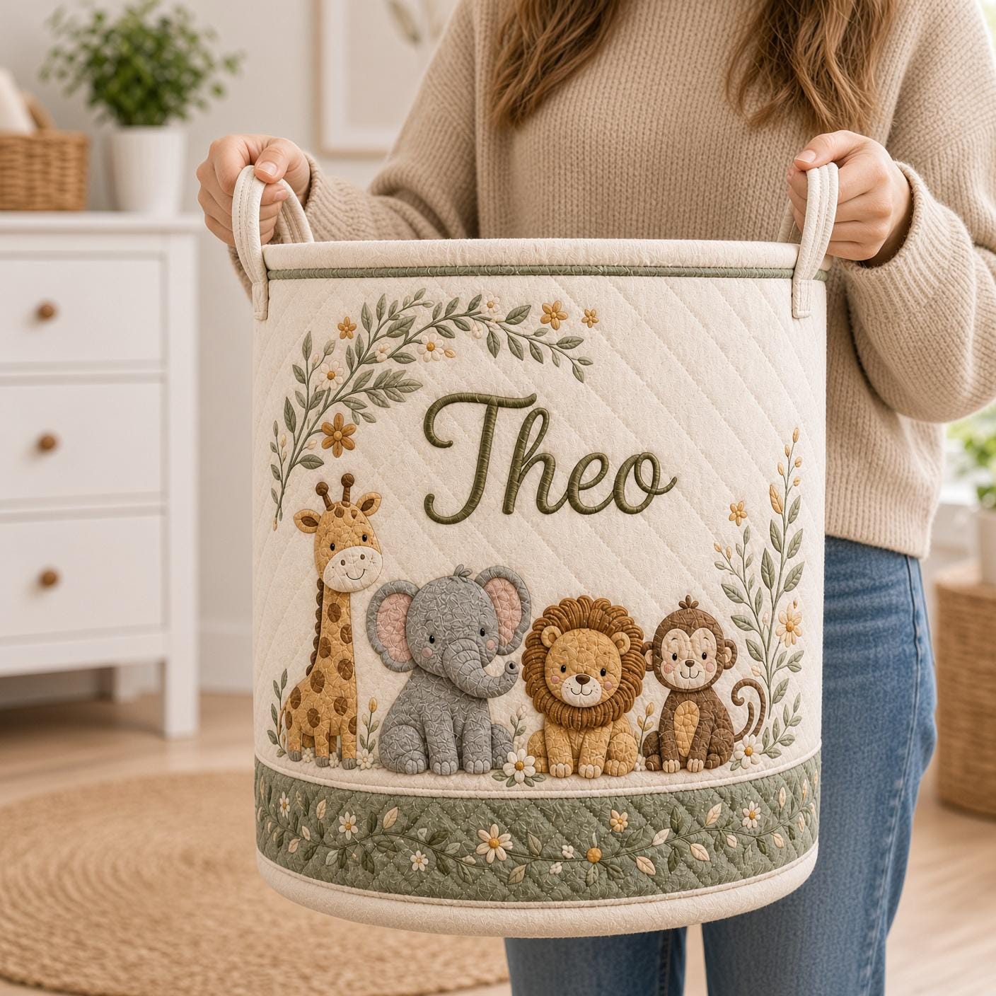 Personalized Safari Laundry Basket with Quilt Style Nursery Hamper and Name, Animal Storage Bin, Baby Organizer, and Custom Baby Gift - photo 7