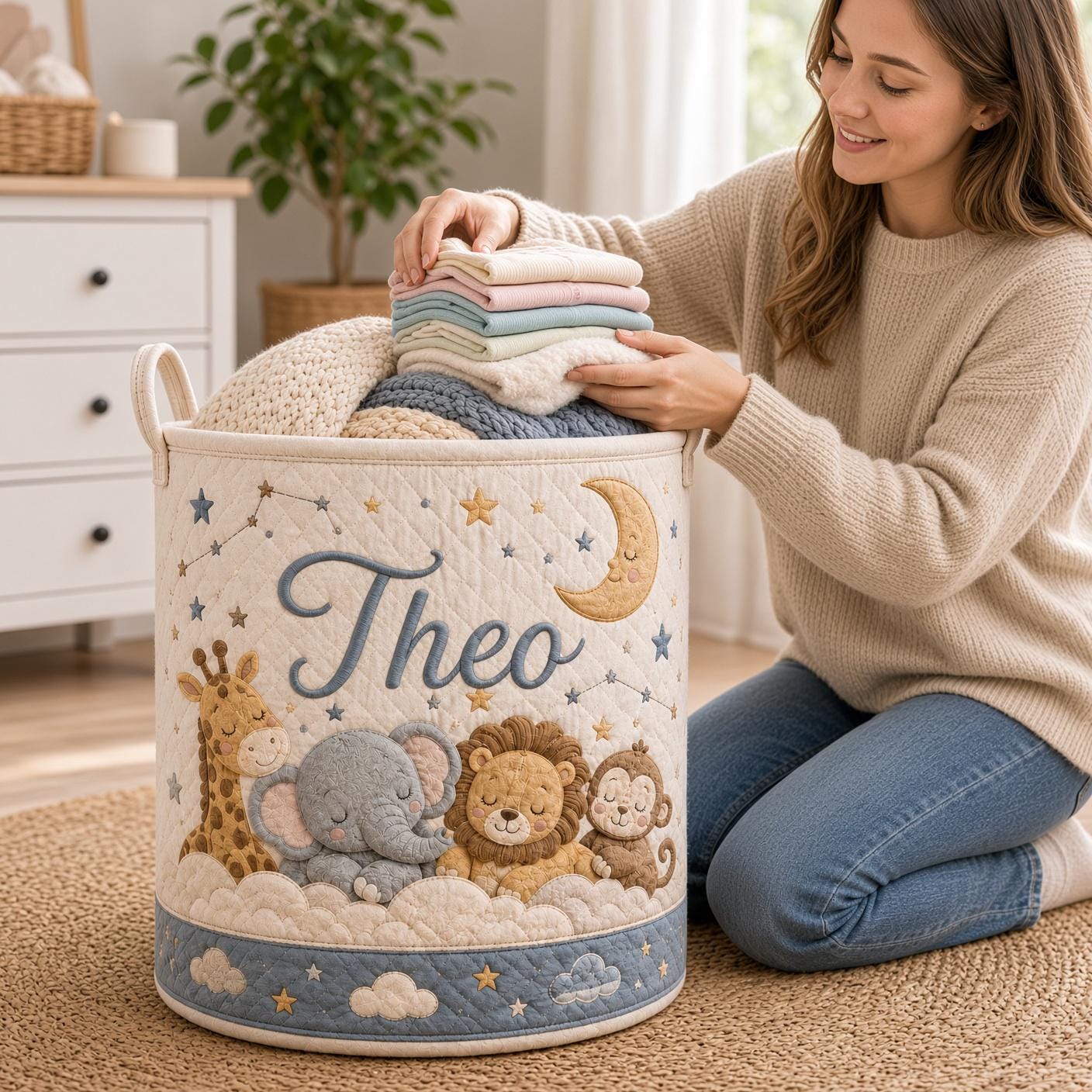 Personalized Safari Laundry Basket with Quilt Style Nursery Hamper and Name, Animal Storage Bin, Baby Organizer, and Custom Baby Gift - photo 8