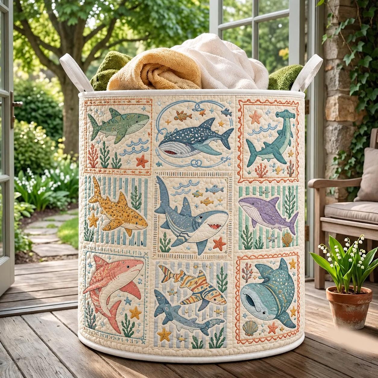 Ocean Animals Laundry Basket with Quilt Style Sea Life Hamper, Jellyfish Seahorse Shark Turtle Storage Bin, Coastal Laundry, and Beach Decor