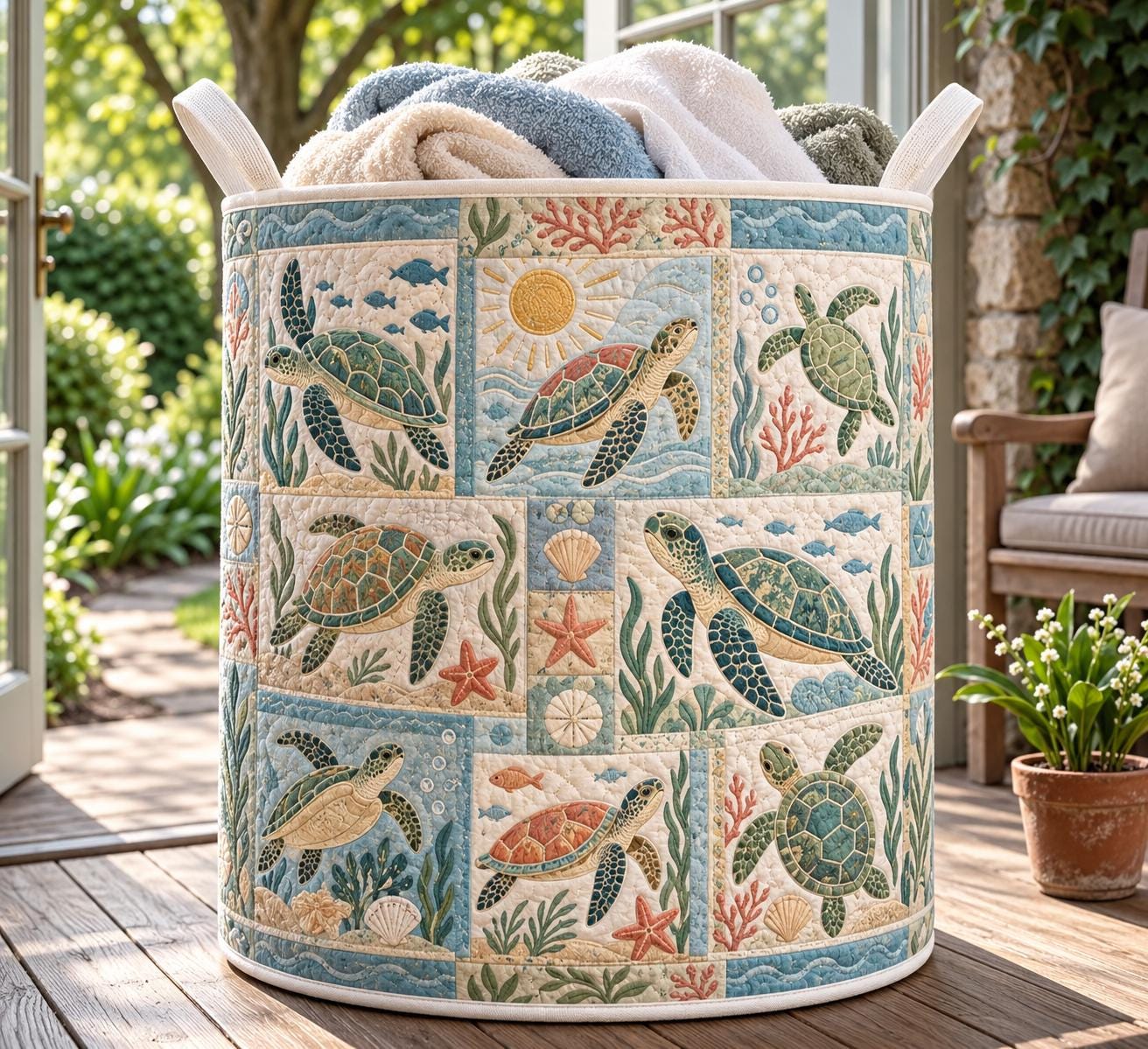 Ocean Animals Laundry Basket with Quilt Style Sea Life Hamper, Jellyfish Seahorse Shark Turtle Storage Bin, Coastal Laundry, and Beach Decor - photo 2