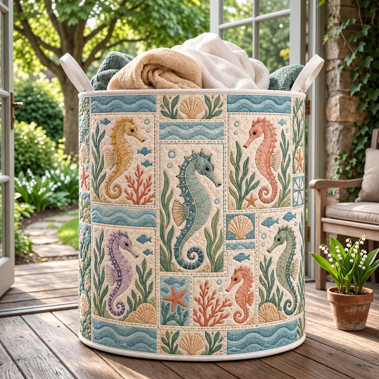 Ocean Animals Laundry Basket with Quilt Style Sea Life Hamper, Jellyfish Seahorse Shark Turtle Storage Bin, Coastal Laundry, and Beach Decor - photo 3