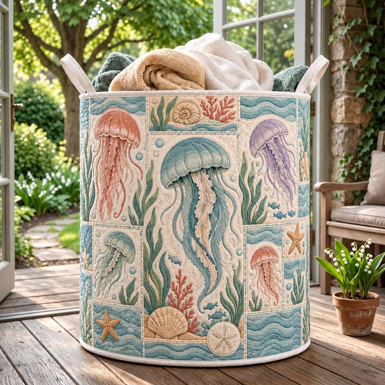 Ocean Animals Laundry Basket with Quilt Style Sea Life Hamper, Jellyfish Seahorse Shark Turtle Storage Bin, Coastal Laundry, and Beach Decor - photo 4