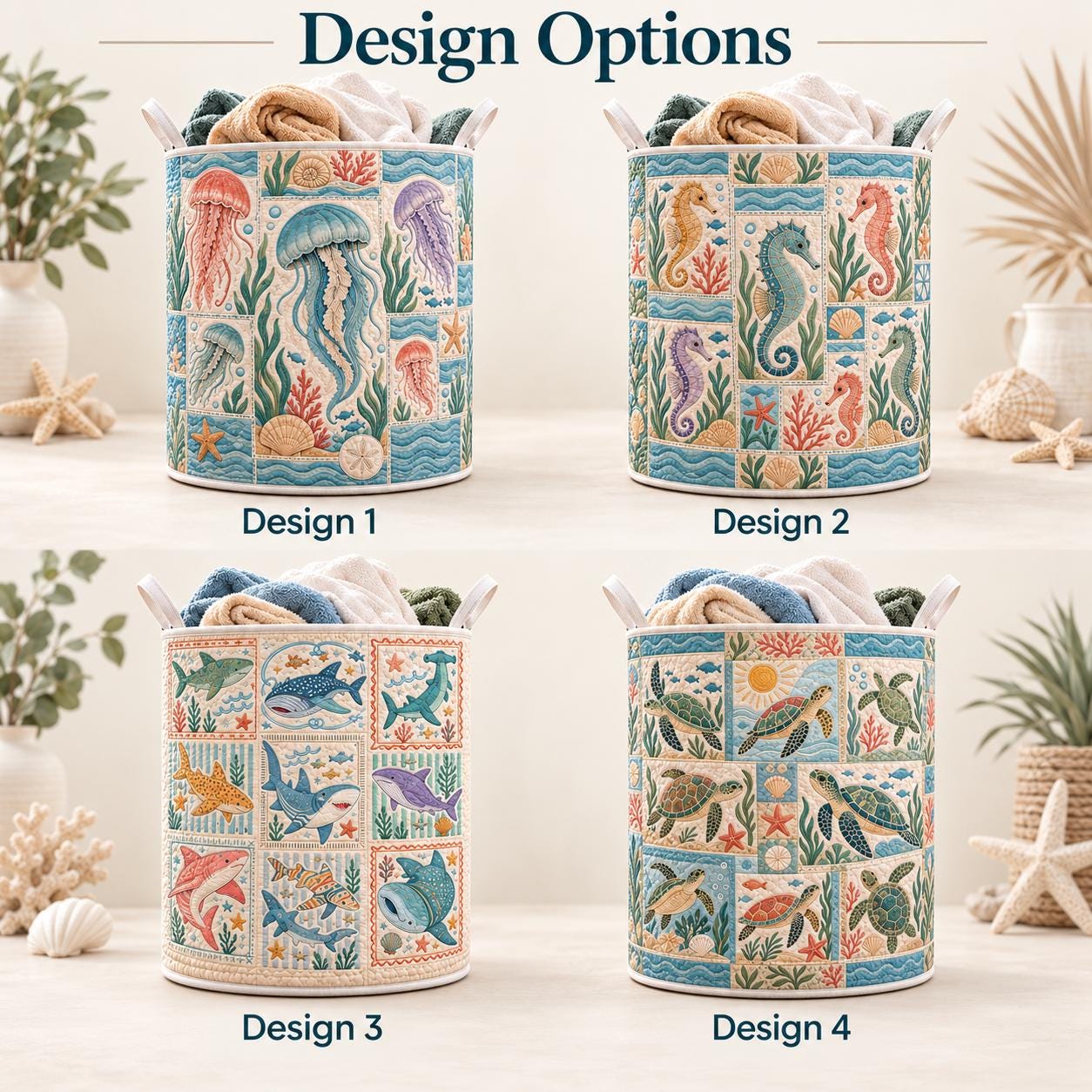 Ocean Animals Laundry Basket with Quilt Style Sea Life Hamper, Jellyfish Seahorse Shark Turtle Storage Bin, Coastal Laundry, and Beach Decor - photo 5