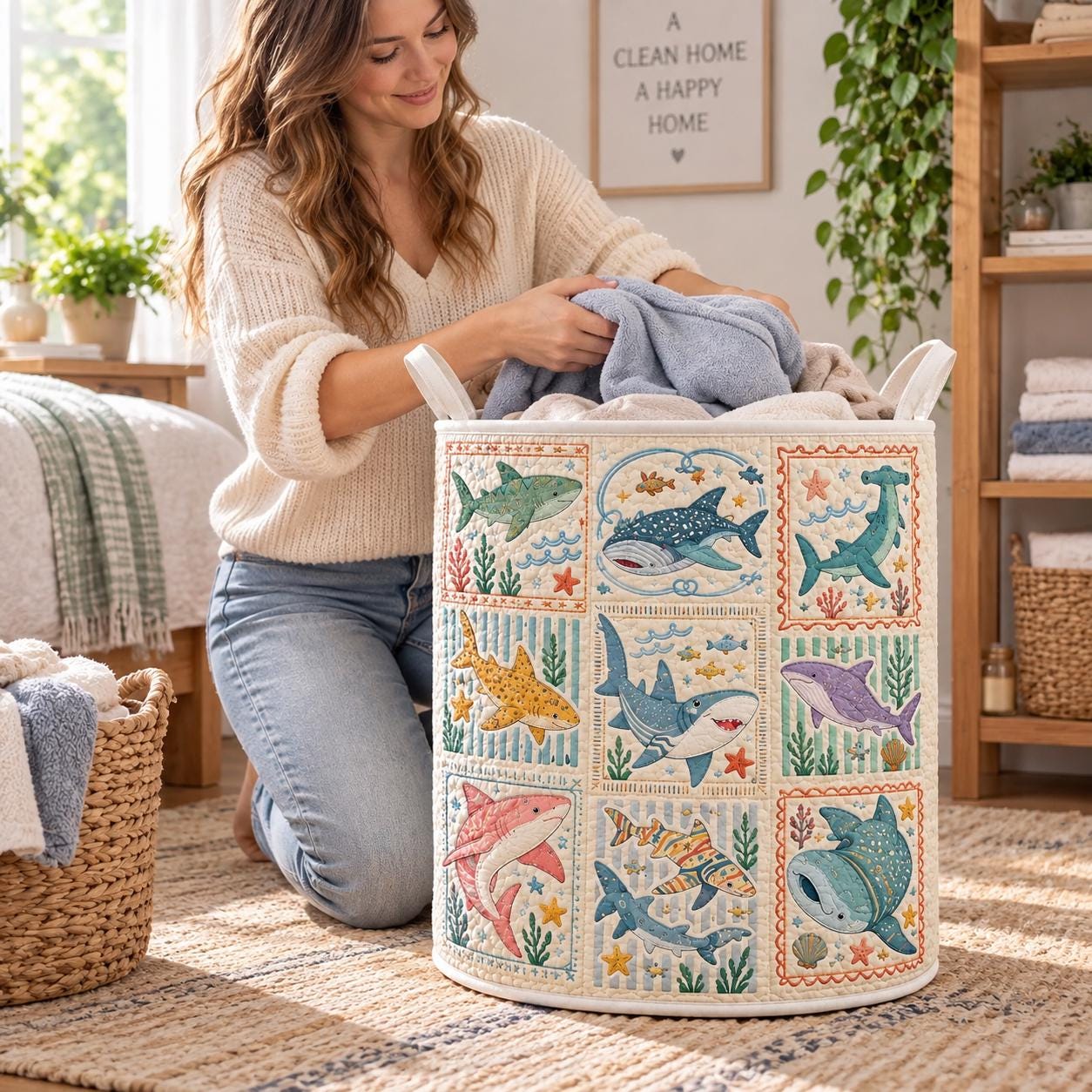 Ocean Animals Laundry Basket with Quilt Style Sea Life Hamper, Jellyfish Seahorse Shark Turtle Storage Bin, Coastal Laundry, and Beach Decor - photo 7