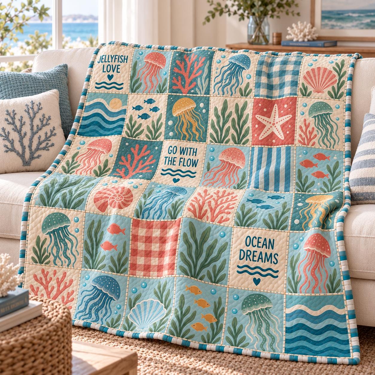 Ocean Quilt Blanket with Sea Life Patchwork Throw, Quilt Style Shark Turtle Seahorse Jellyfish Bedding, and Coastal Beach House Decor Gift