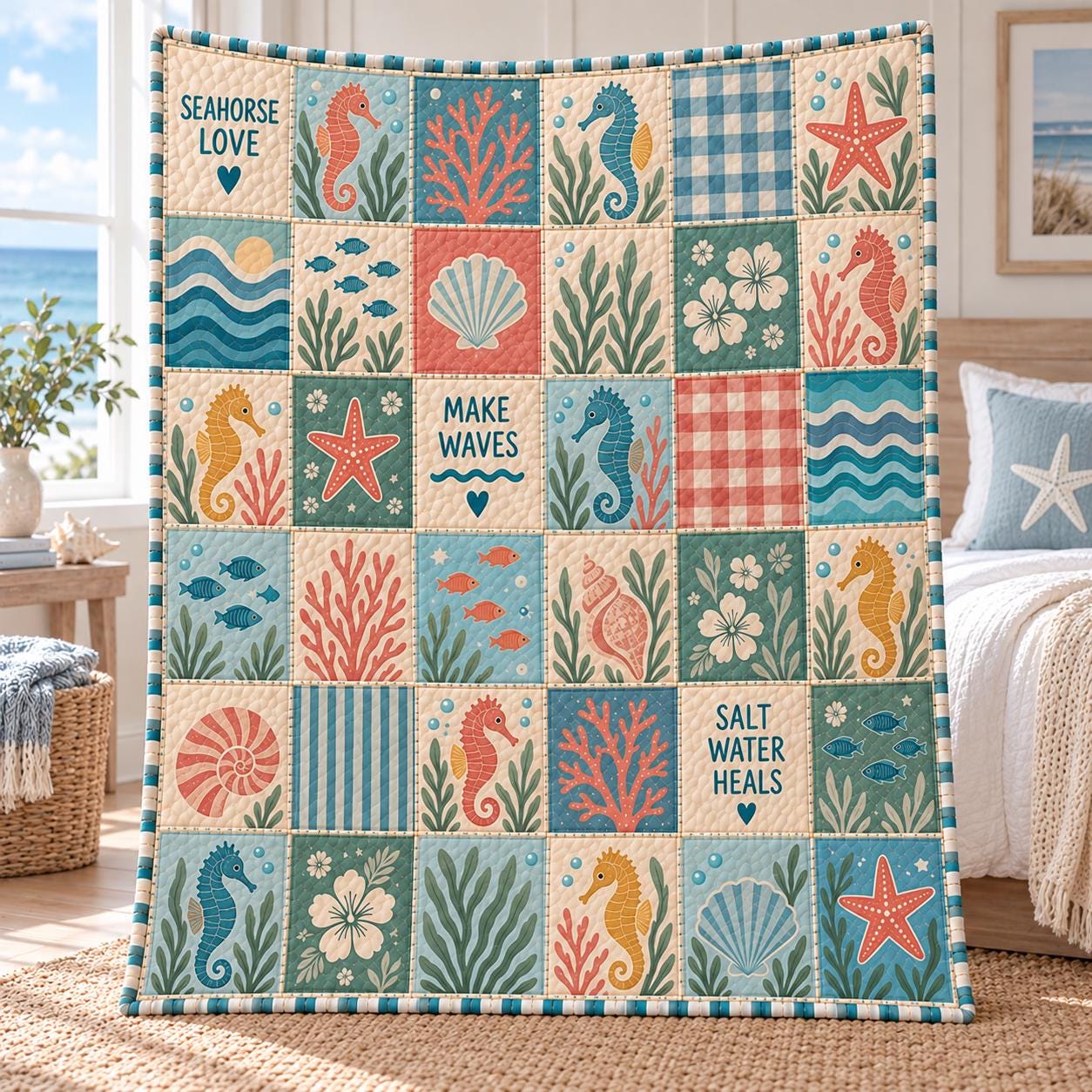 Ocean Quilt Blanket with Sea Life Patchwork Throw, Quilt Style Shark Turtle Seahorse Jellyfish Bedding, and Coastal Beach House Decor Gift - photo 2