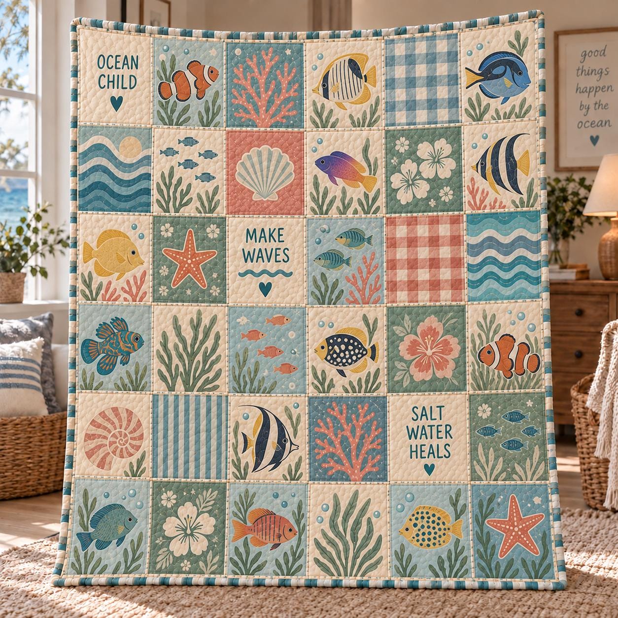 Ocean Quilt Blanket with Sea Life Patchwork Throw, Quilt Style Shark Turtle Seahorse Jellyfish Bedding, and Coastal Beach House Decor Gift - photo 3