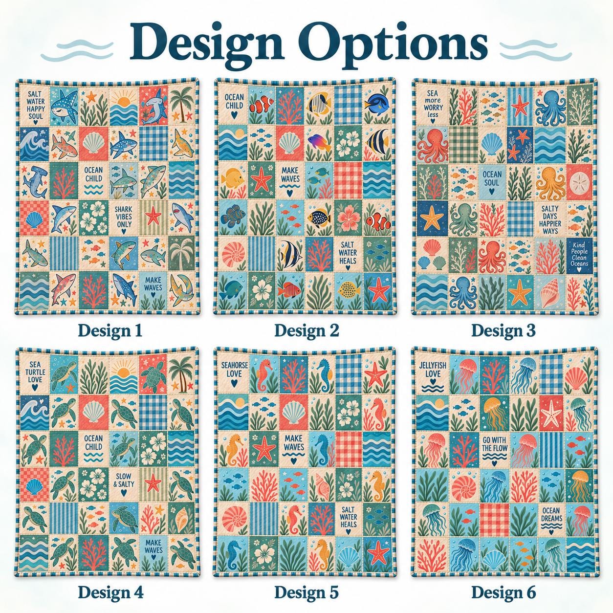 Ocean Quilt Blanket with Sea Life Patchwork Throw, Quilt Style Shark Turtle Seahorse Jellyfish Bedding, and Coastal Beach House Decor Gift - photo 4