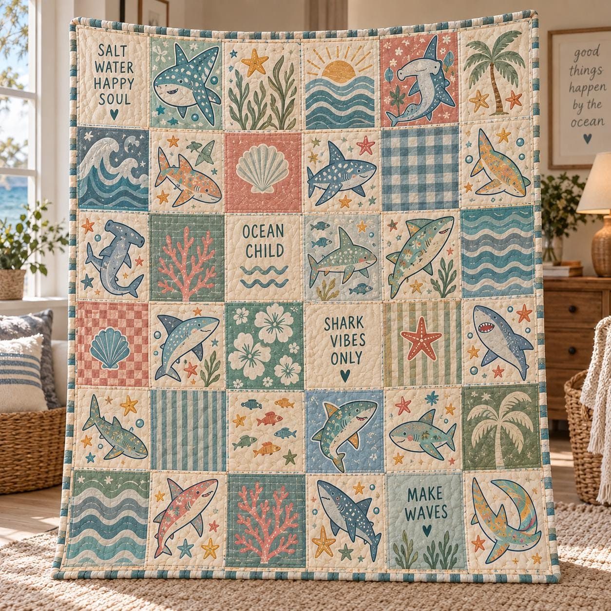 Ocean Quilt Blanket with Sea Life Patchwork Throw, Quilt Style Shark Turtle Seahorse Jellyfish Bedding, and Coastal Beach House Decor Gift - photo 7