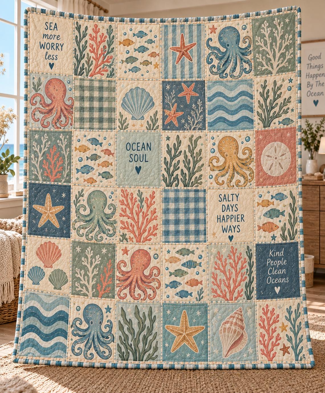 Ocean Quilt Blanket with Sea Life Patchwork Throw, Quilt Style Shark Turtle Seahorse Jellyfish Bedding, and Coastal Beach House Decor Gift - photo 8