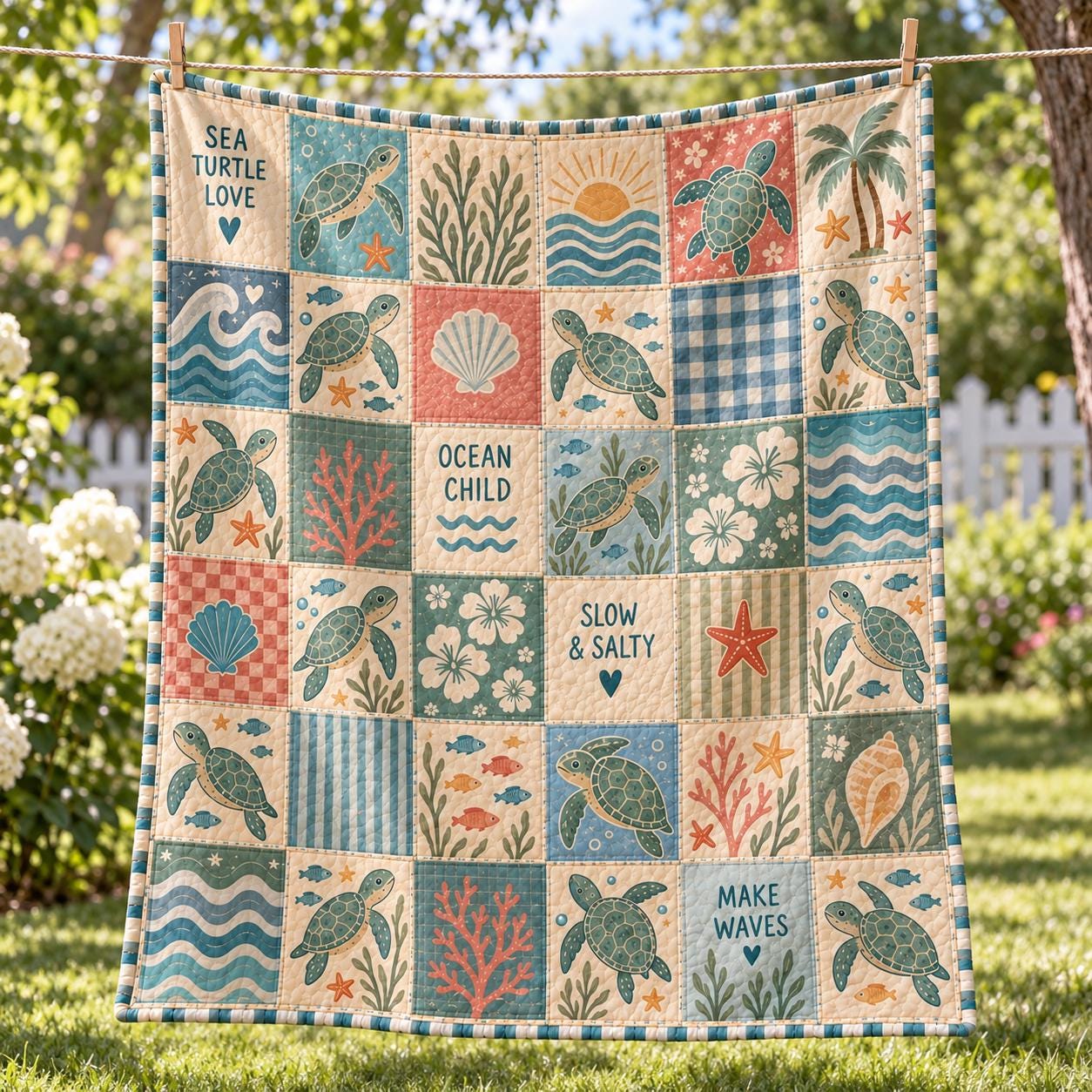 Ocean Quilt Blanket with Sea Life Patchwork Throw, Quilt Style Shark Turtle Seahorse Jellyfish Bedding, and Coastal Beach House Decor Gift - photo 9