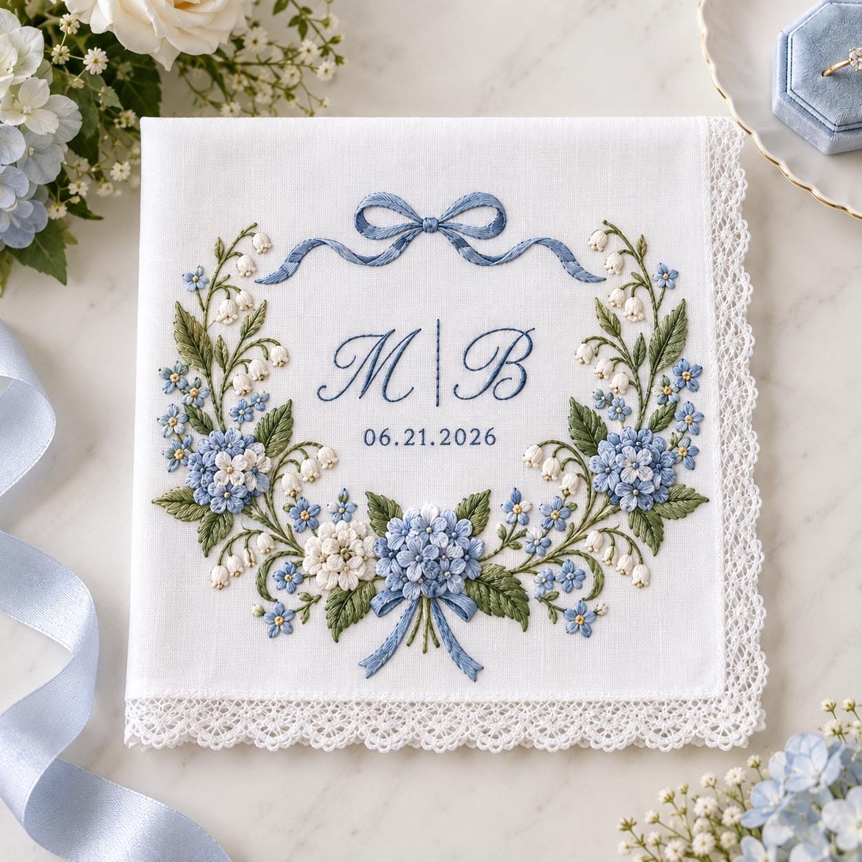Personalized Monogram Wedding Handkerchief with Blue Floral Embroidered Bridal Hanky, Custom Couple Initials and Date Wedding Keepsake