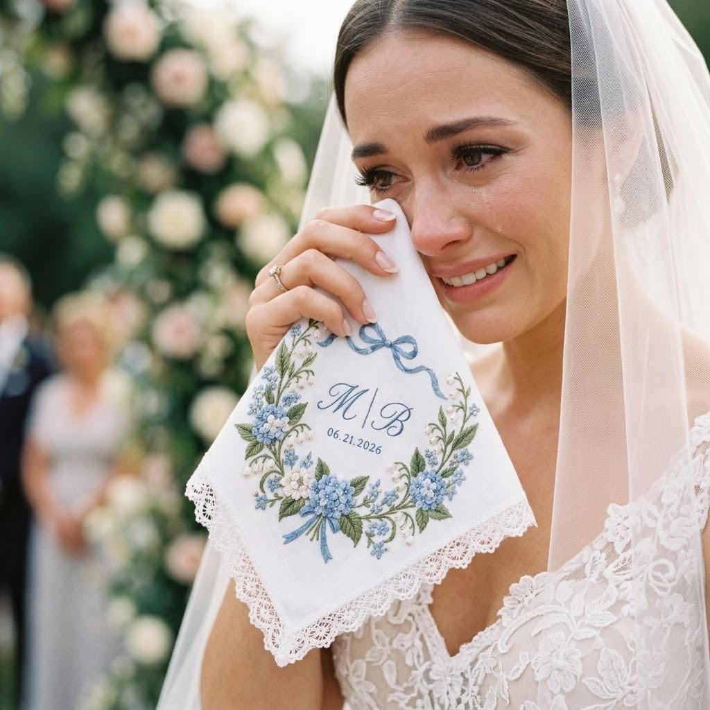 Personalized Monogram Wedding Handkerchief with Blue Floral Embroidered Bridal Hanky, Custom Couple Initials and Date Wedding Keepsake - photo 2