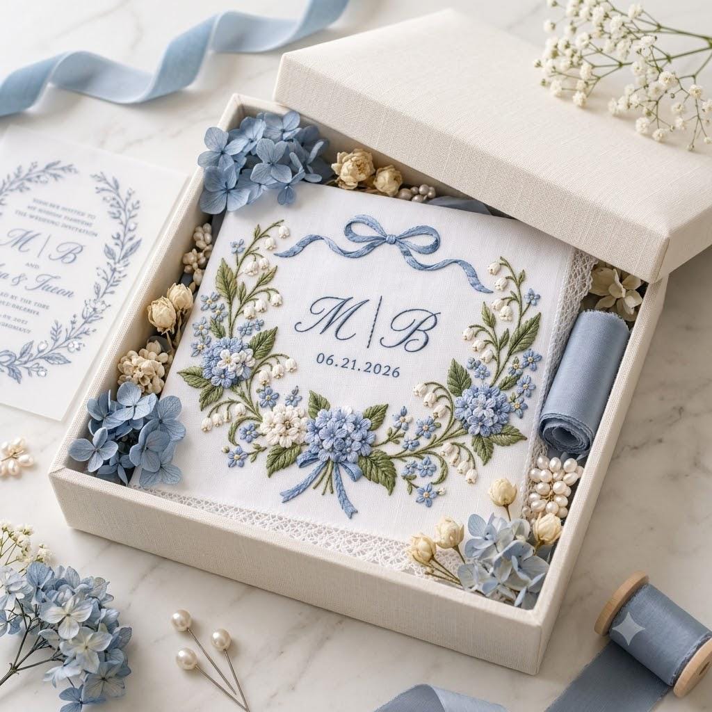 Personalized Monogram Wedding Handkerchief with Blue Floral Embroidered Bridal Hanky, Custom Couple Initials and Date Wedding Keepsake - photo 6
