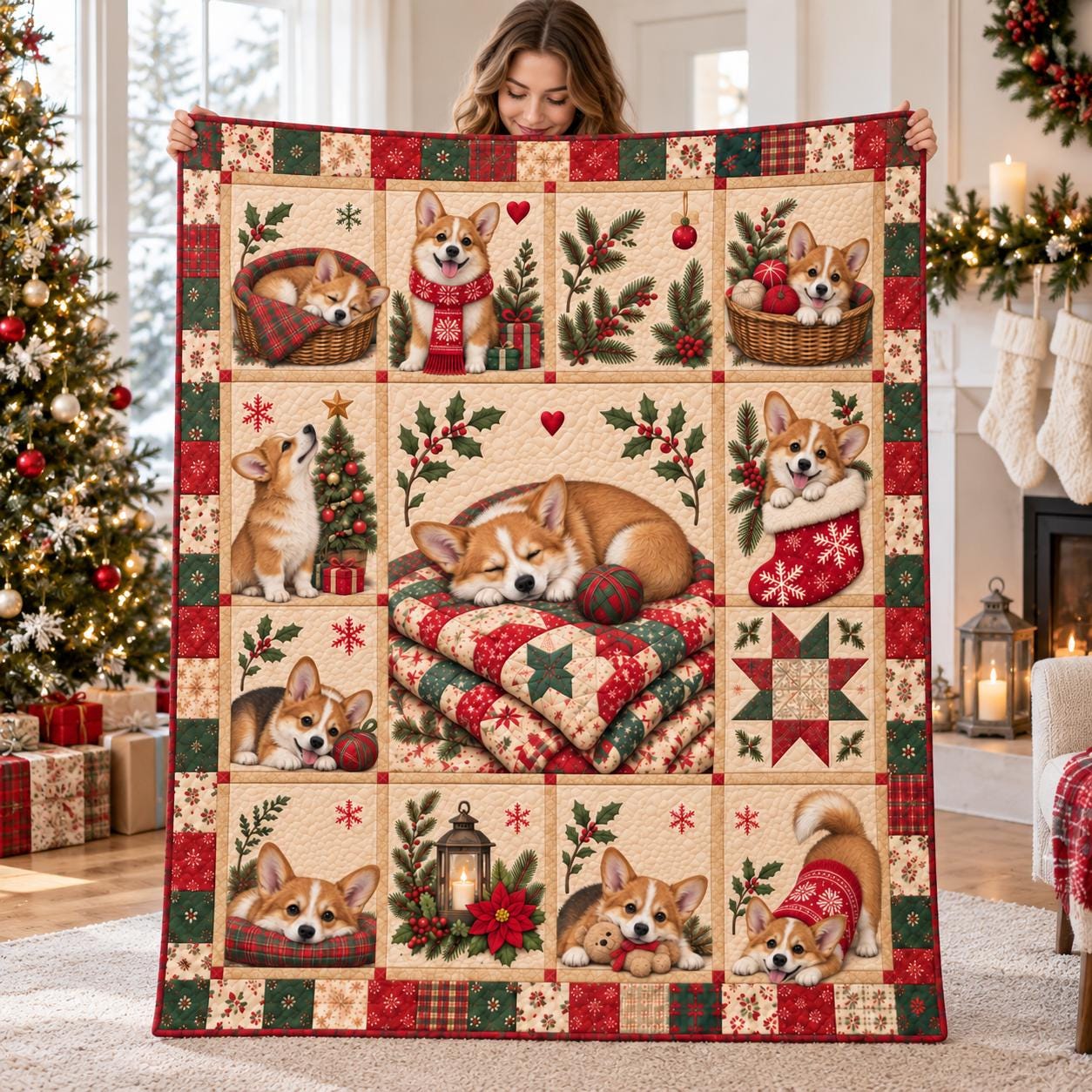 Golden Retriever Christmas Blanket with Cute Dog Holiday Throw and Quilt Style Puppy Bedding for Lover Gift