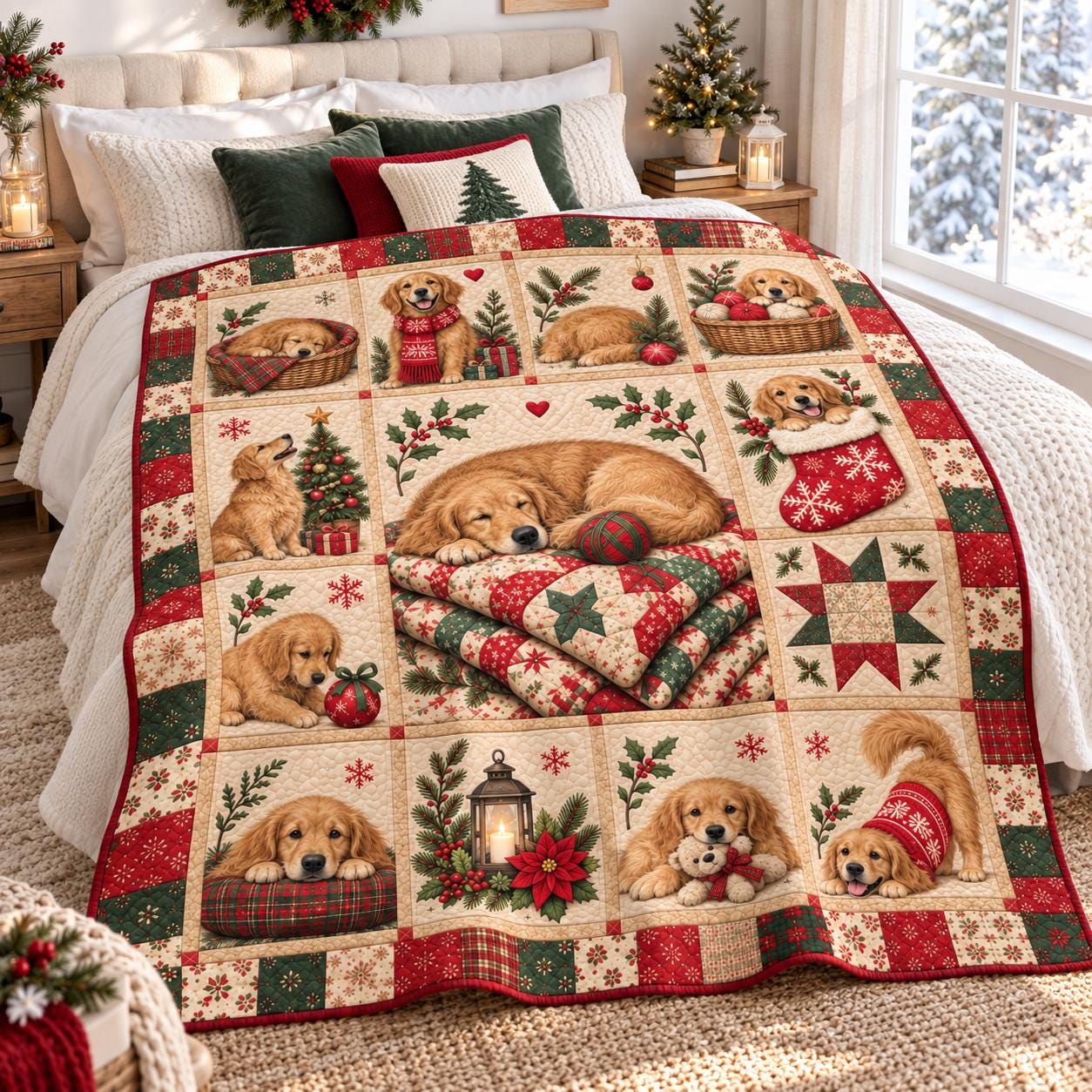Golden Retriever Christmas Blanket with Cute Dog Holiday Throw and Quilt Style Puppy Bedding for Lover Gift - photo 7