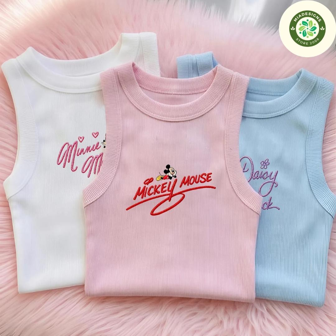 Embroidered Disney Trip Lace Trim Tank Top with All Characters Mickey and Friends – Walt Disney World Disneyland Baby Tee Crop Tank