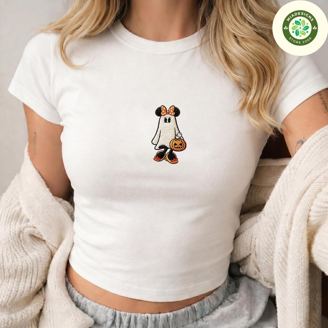 Embroidered Disney Halloween Lace Trim Tank Top with All Characters Mickey and Friends Ghost Pumpkin – Spooky Trip Baby Tee Crop Tank