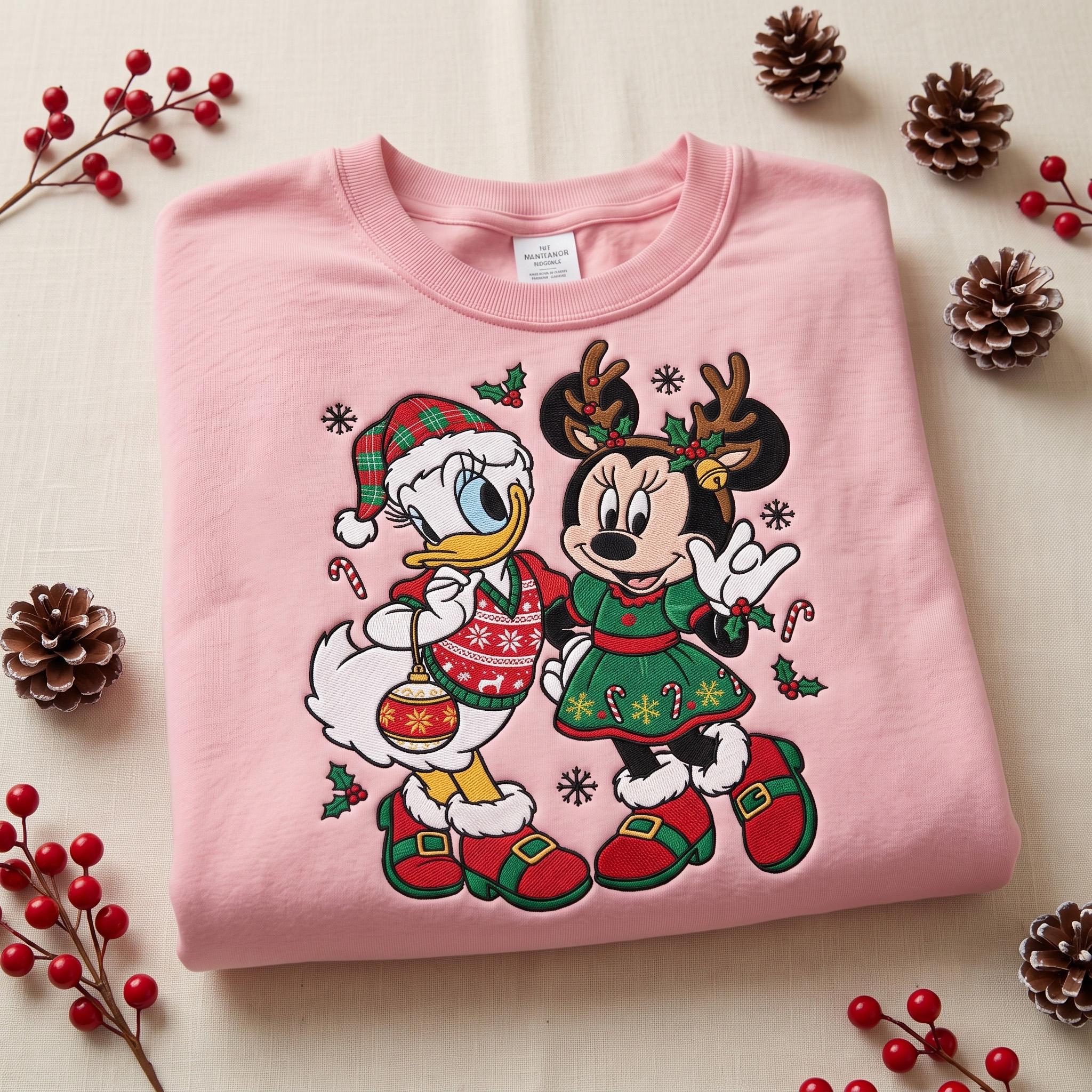 Embroidered Retro Minnie and Daisy Christmas Sweatshirt – Disney Friends Holiday Crewneck and Disneyland Matching Tee for Best Friend Gift