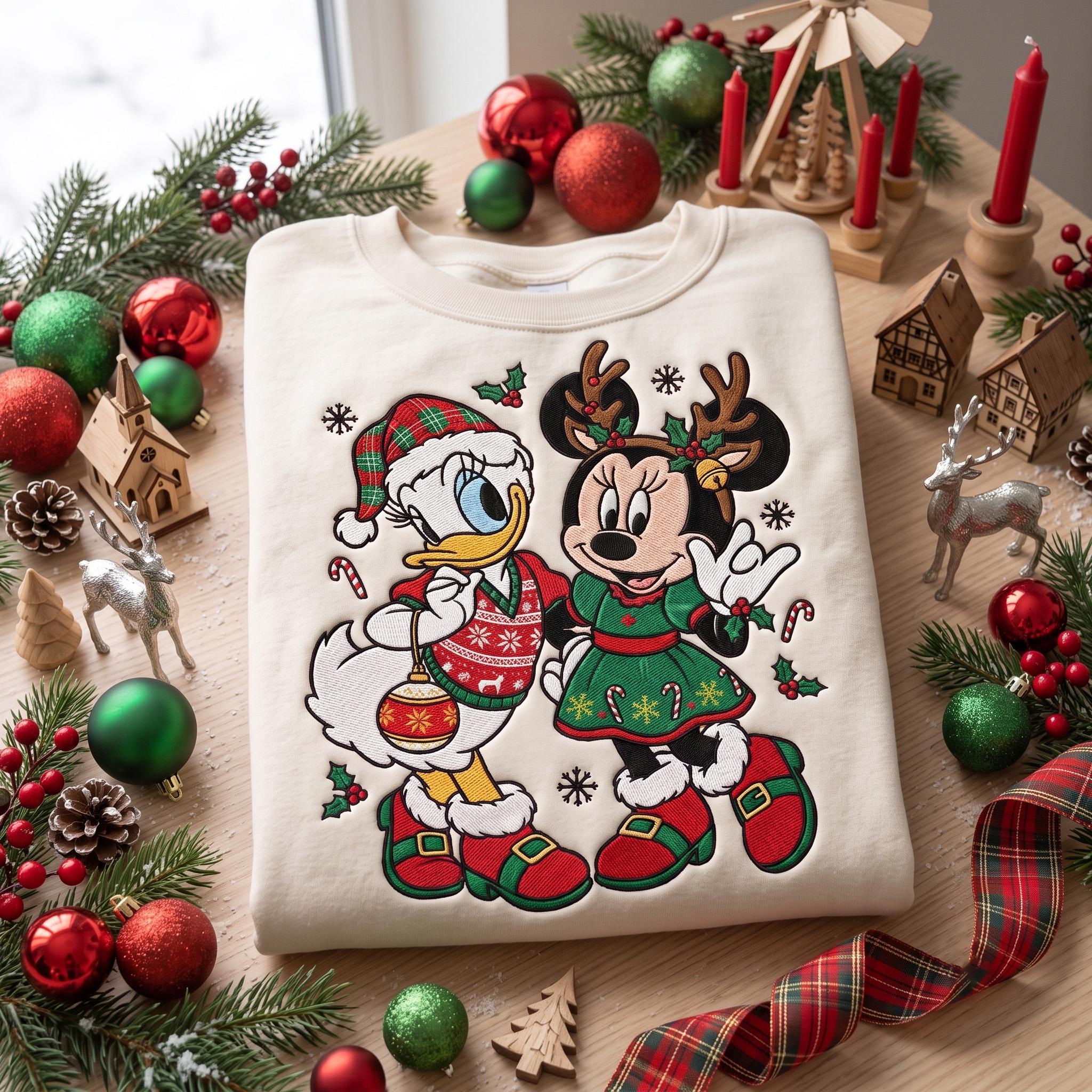 Embroidered Retro Minnie and Daisy Christmas Sweatshirt – Disney Friends Holiday Crewneck and Disneyland Matching Tee for Best Friend Gift - photo 3