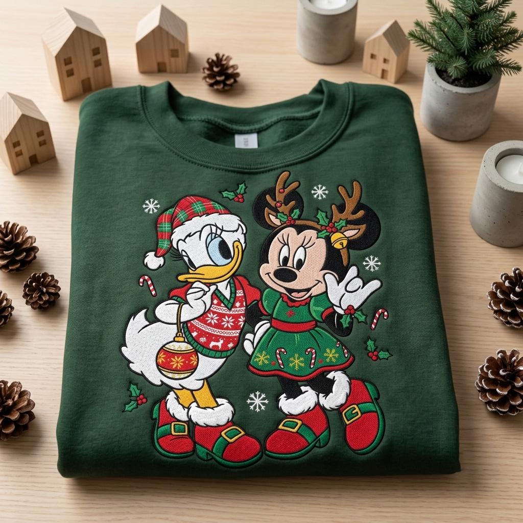 Embroidered Retro Minnie and Daisy Christmas Sweatshirt – Disney Friends Holiday Crewneck and Disneyland Matching Tee for Best Friend Gift - photo 4