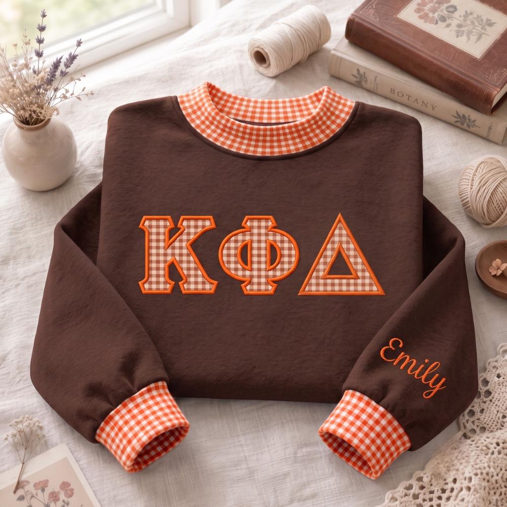 Personalized Delta Chi Omega Embroidered Sweatshirt with Greek Letter Sorority Crewneck and Custom Name Gingham College Sister Gift