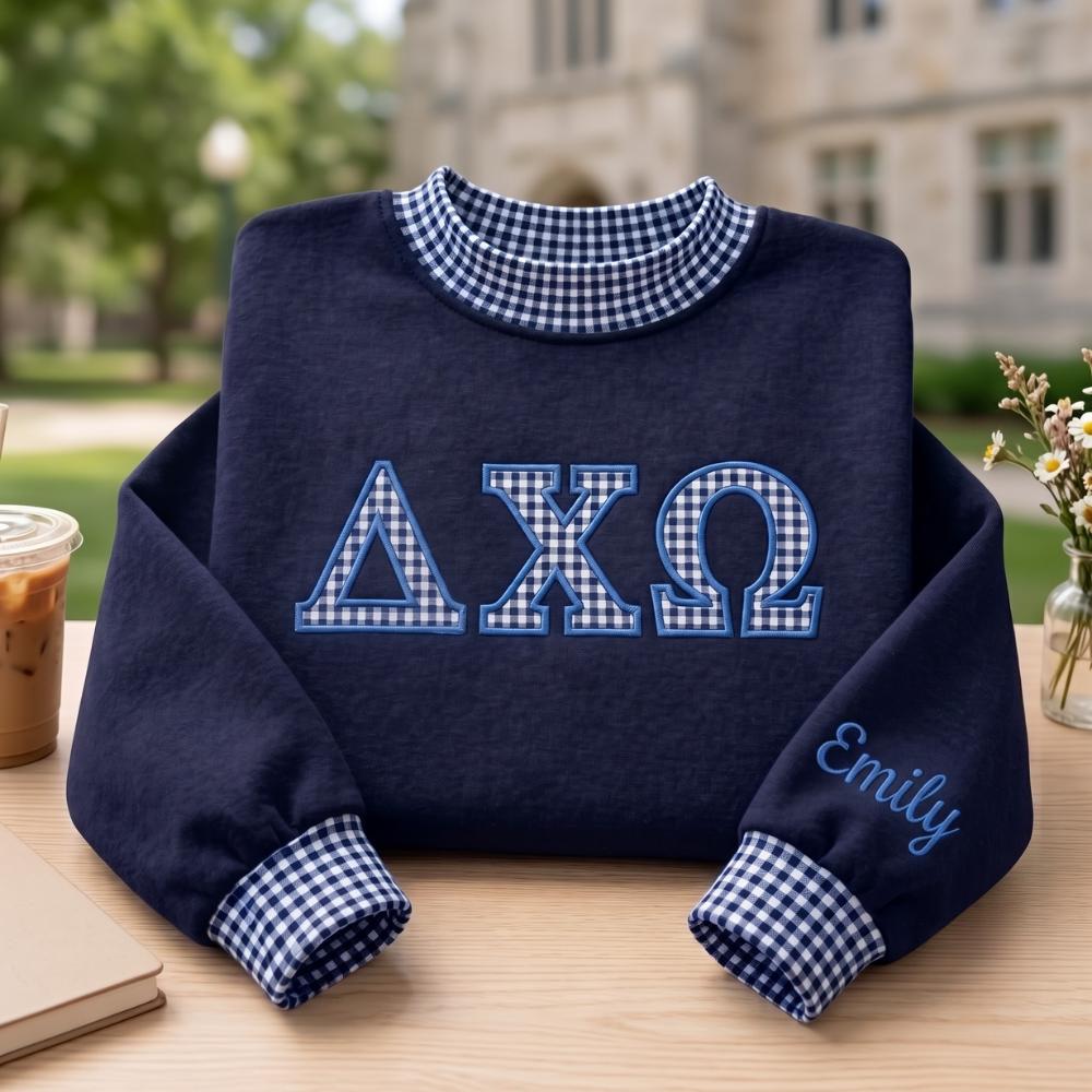 Personalized Delta Chi Omega Embroidered Sweatshirt with Greek Letter Sorority Crewneck and Custom Name Gingham College Sister Gift - photo 2
