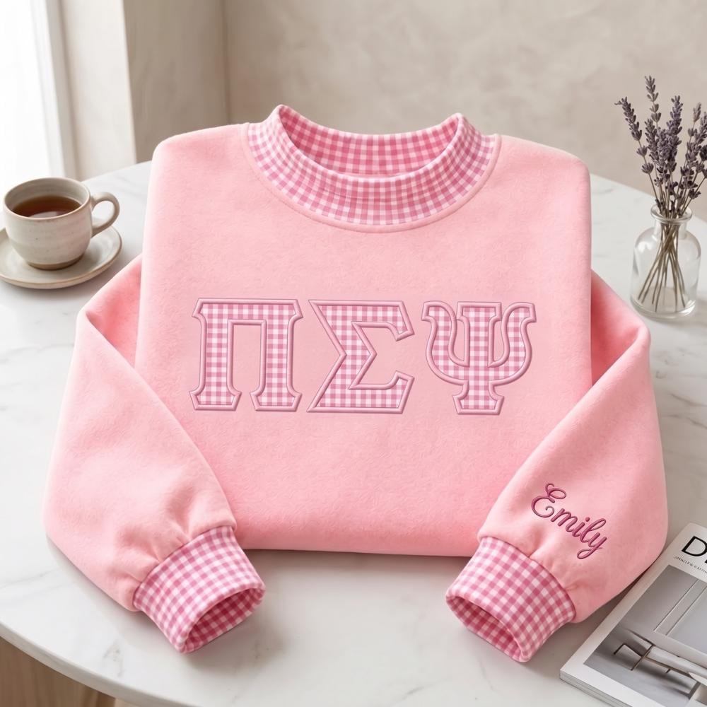 Personalized Delta Chi Omega Embroidered Sweatshirt with Greek Letter Sorority Crewneck and Custom Name Gingham College Sister Gift - photo 3