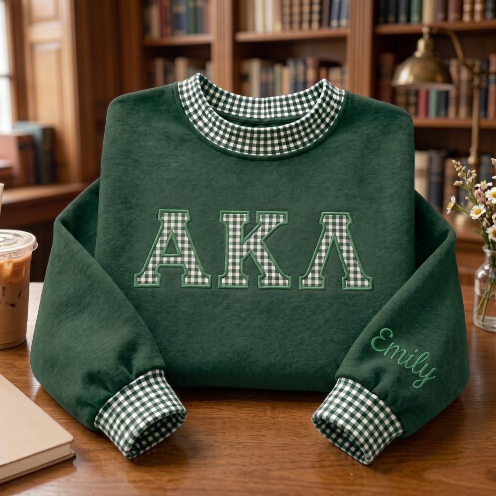 Personalized Delta Chi Omega Embroidered Sweatshirt with Greek Letter Sorority Crewneck and Custom Name Gingham College Sister Gift - photo 4