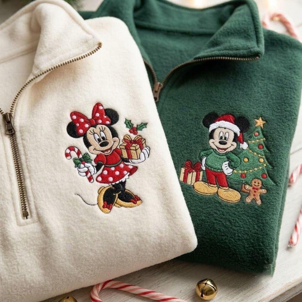 Disney Holiday Quarter Zip Sweatshirt with Embroidered Mickey and Minnie Christmas Pullover – Festive Sweater for Christmas Vacation Gift