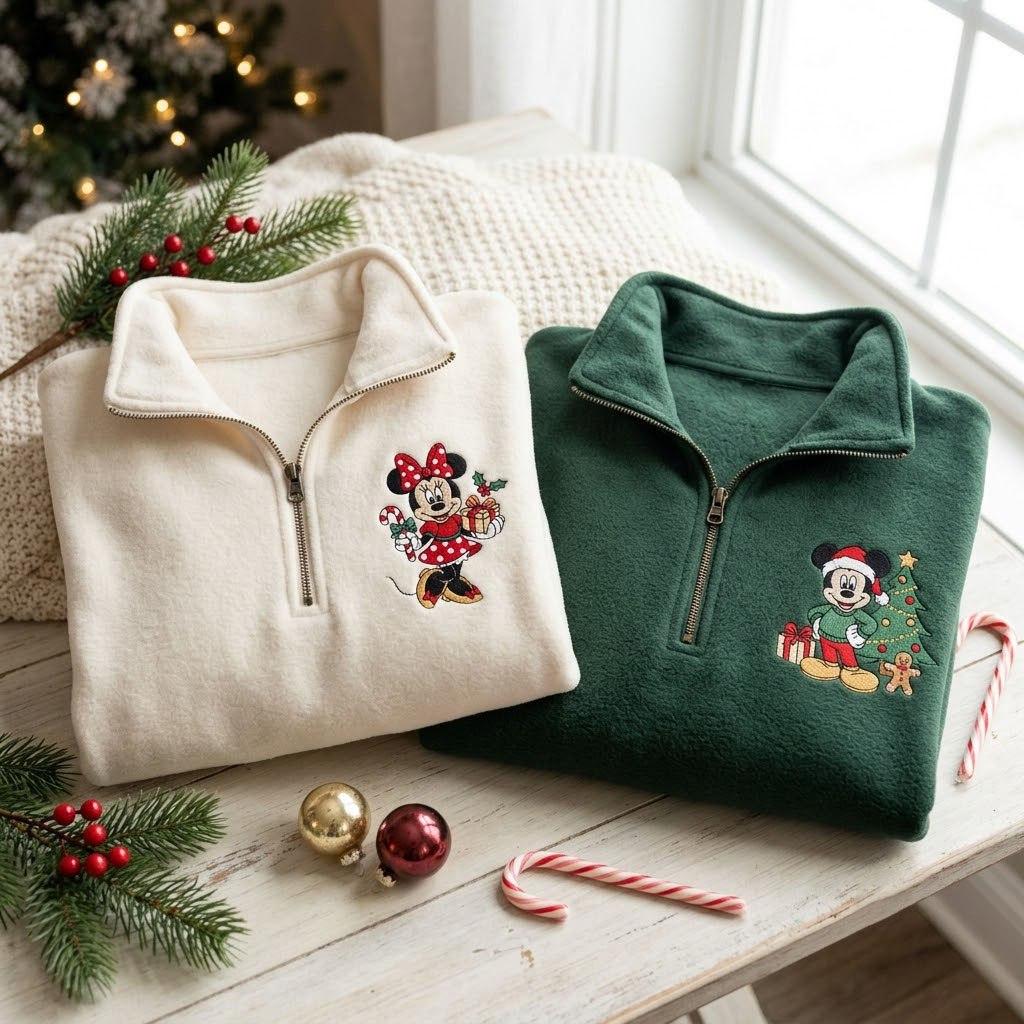 Disney Holiday Quarter Zip Sweatshirt with Embroidered Mickey and Minnie Christmas Pullover – Festive Sweater for Christmas Vacation Gift - photo 4