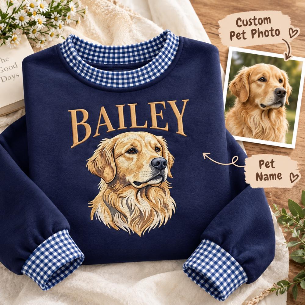 Personalized Golden Retriever Embroidered Sweatshirt with Custom Pet Photo Portrait Crewneck and Dog Name Sweater for Mom Gift