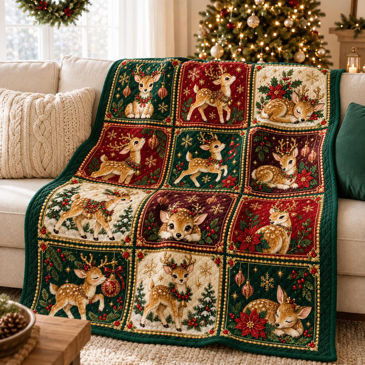 Christmas Reindeer Quilted Blanket – Woodland Deer Patchwork Throw for Holiday Cabin Quilt, Cozy Christmas Home Decor, Deer Lover Gift