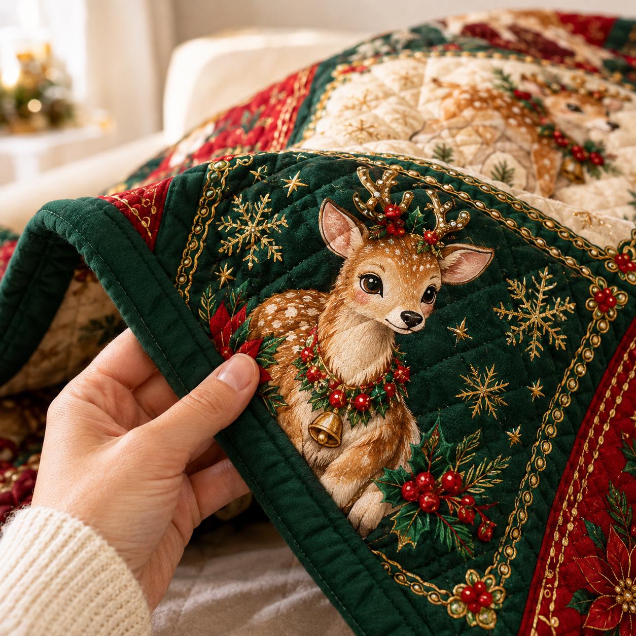 Christmas Reindeer Quilted Blanket – Woodland Deer Patchwork Throw for Holiday Cabin Quilt, Cozy Christmas Home Decor, Deer Lover Gift - photo 3
