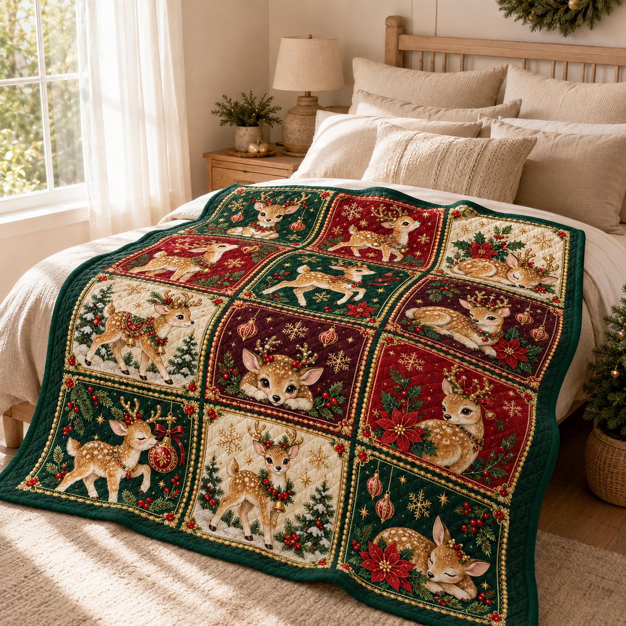 Christmas Reindeer Quilted Blanket – Woodland Deer Patchwork Throw for Holiday Cabin Quilt, Cozy Christmas Home Decor, Deer Lover Gift - photo 5
