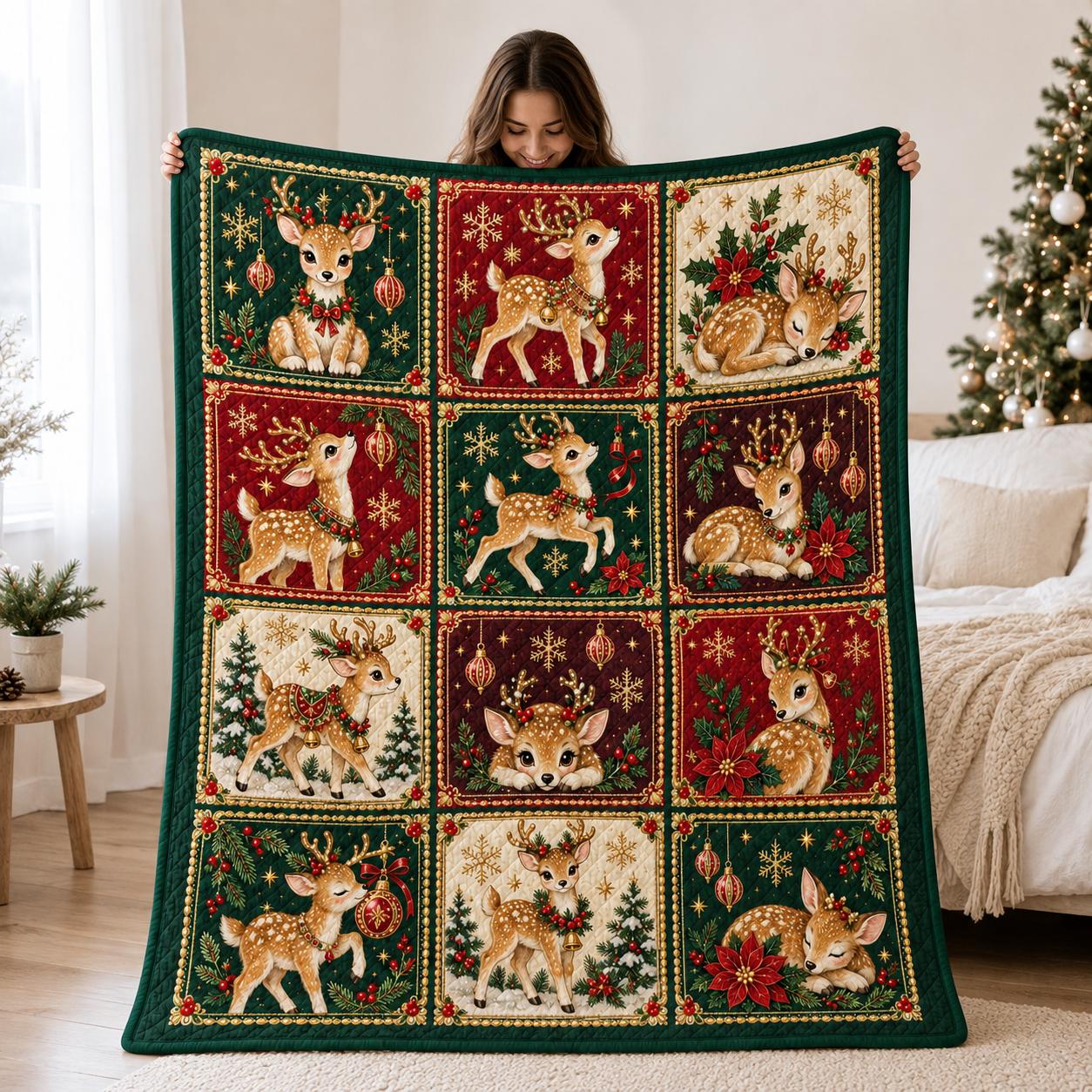 Christmas Reindeer Quilted Blanket – Woodland Deer Patchwork Throw for Holiday Cabin Quilt, Cozy Christmas Home Decor, Deer Lover Gift - photo 6