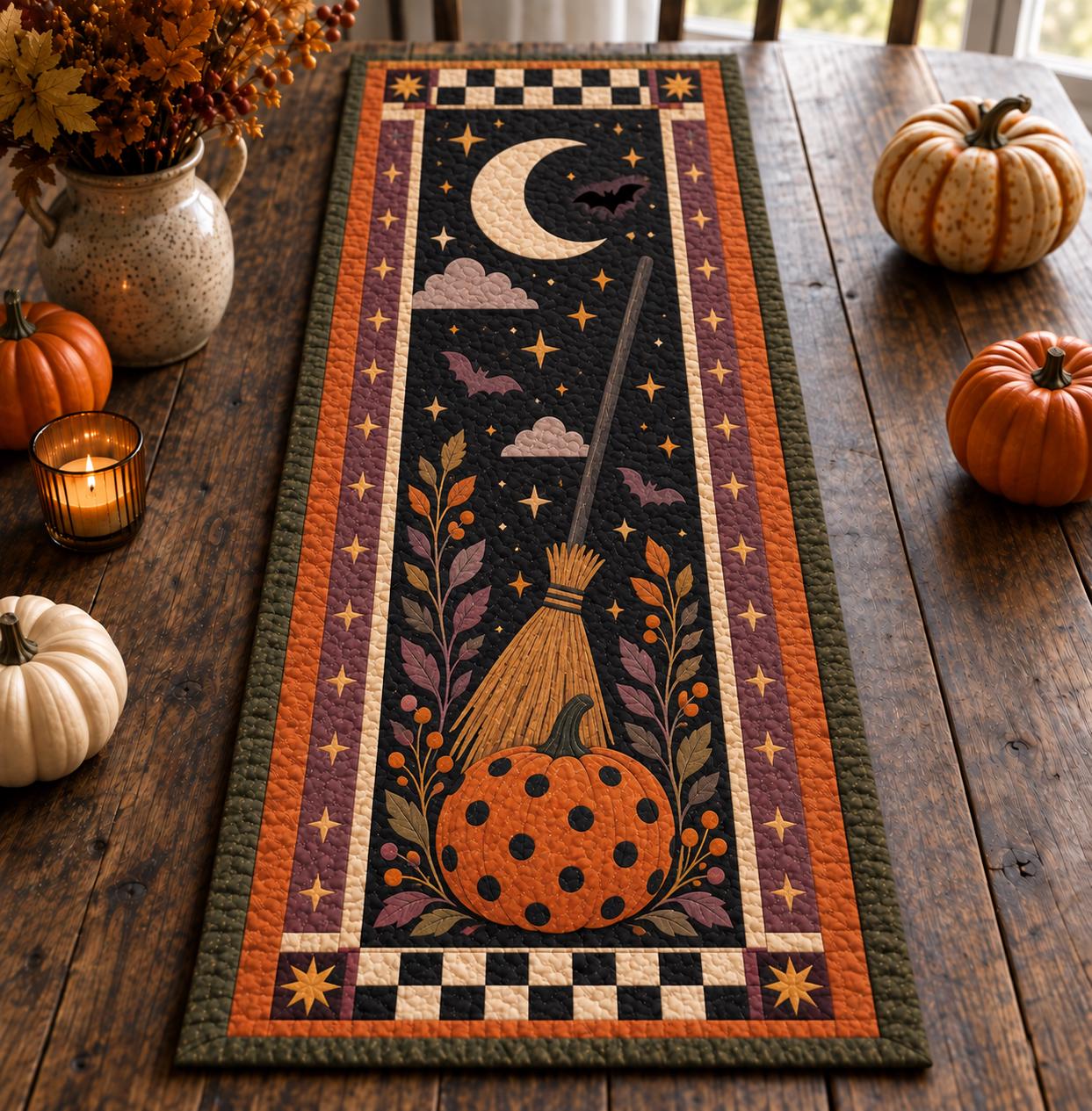 Black Cat Halloween Quilted Table Runner with Pumpkin Moon Fall Table Decor and Spooky Autumn Dining Runner for Kitchen Decor