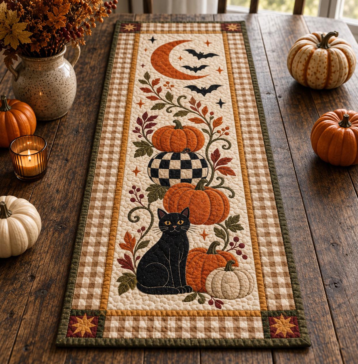 Black Cat Halloween Quilted Table Runner with Pumpkin Moon Fall Table Decor and Spooky Autumn Dining Runner for Kitchen Decor - photo 2