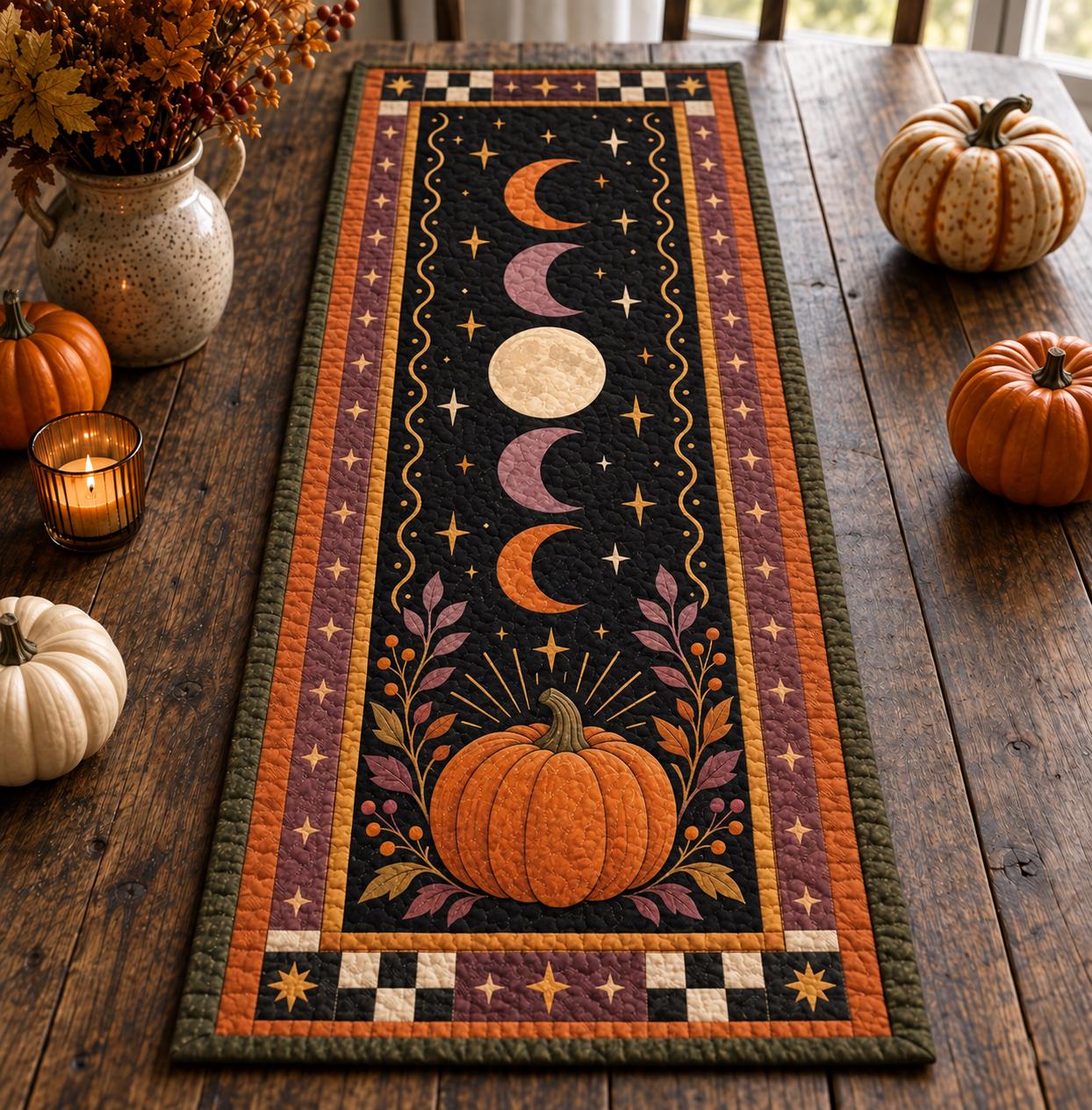 Black Cat Halloween Quilted Table Runner with Pumpkin Moon Fall Table Decor and Spooky Autumn Dining Runner for Kitchen Decor - photo 3