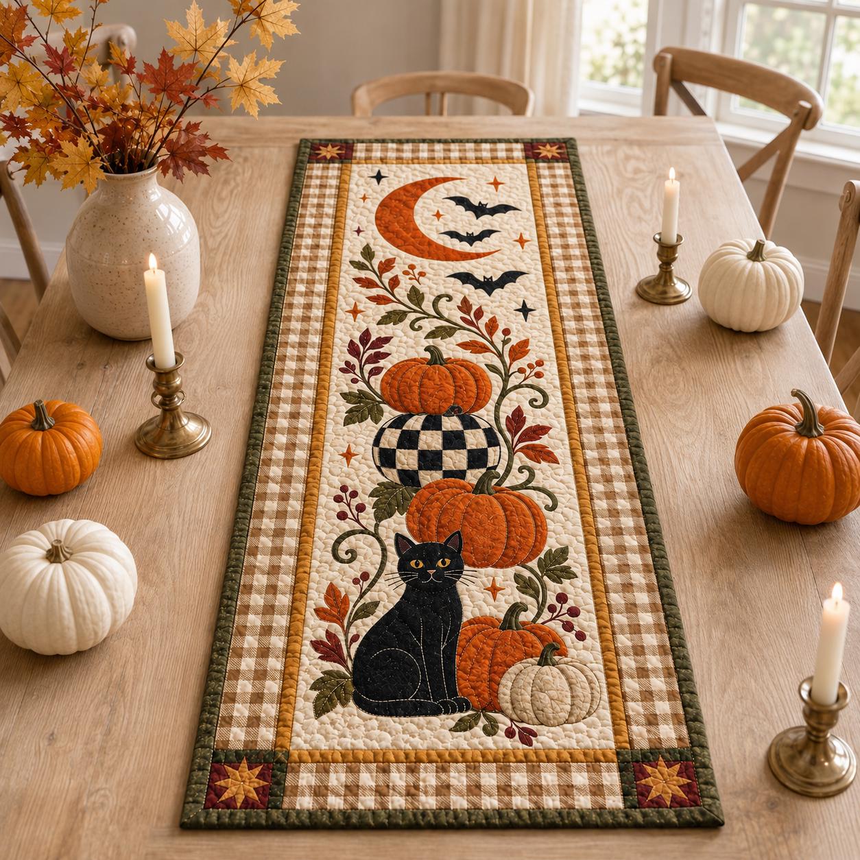 Black Cat Halloween Quilted Table Runner with Pumpkin Moon Fall Table Decor and Spooky Autumn Dining Runner for Kitchen Decor - photo 6