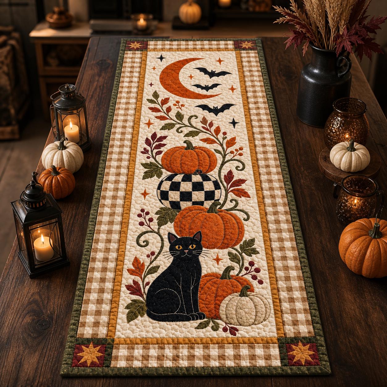 Black Cat Halloween Quilted Table Runner with Pumpkin Moon Fall Table Decor and Spooky Autumn Dining Runner for Kitchen Decor - photo 7